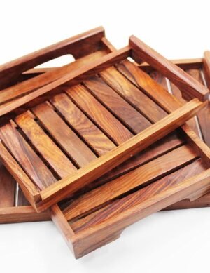 Wooden Tray, Wooden Serving Tray with Handle/Platter for Home and Kitchen Set of 3