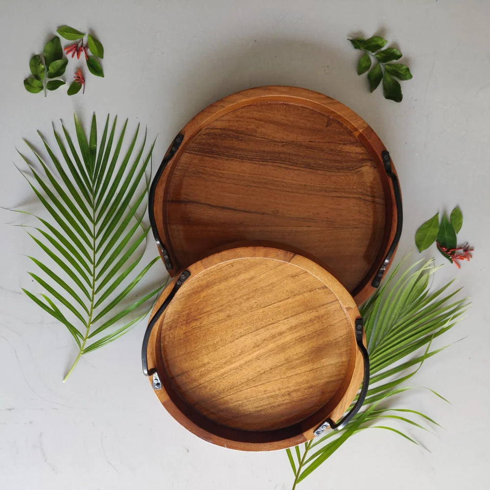 Wooden Tray with Metal Handles - Image 2